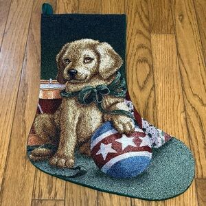 VINTAGE Christmas TAPESTRY Stocking 17”x11” Beautiful Brown Puppy